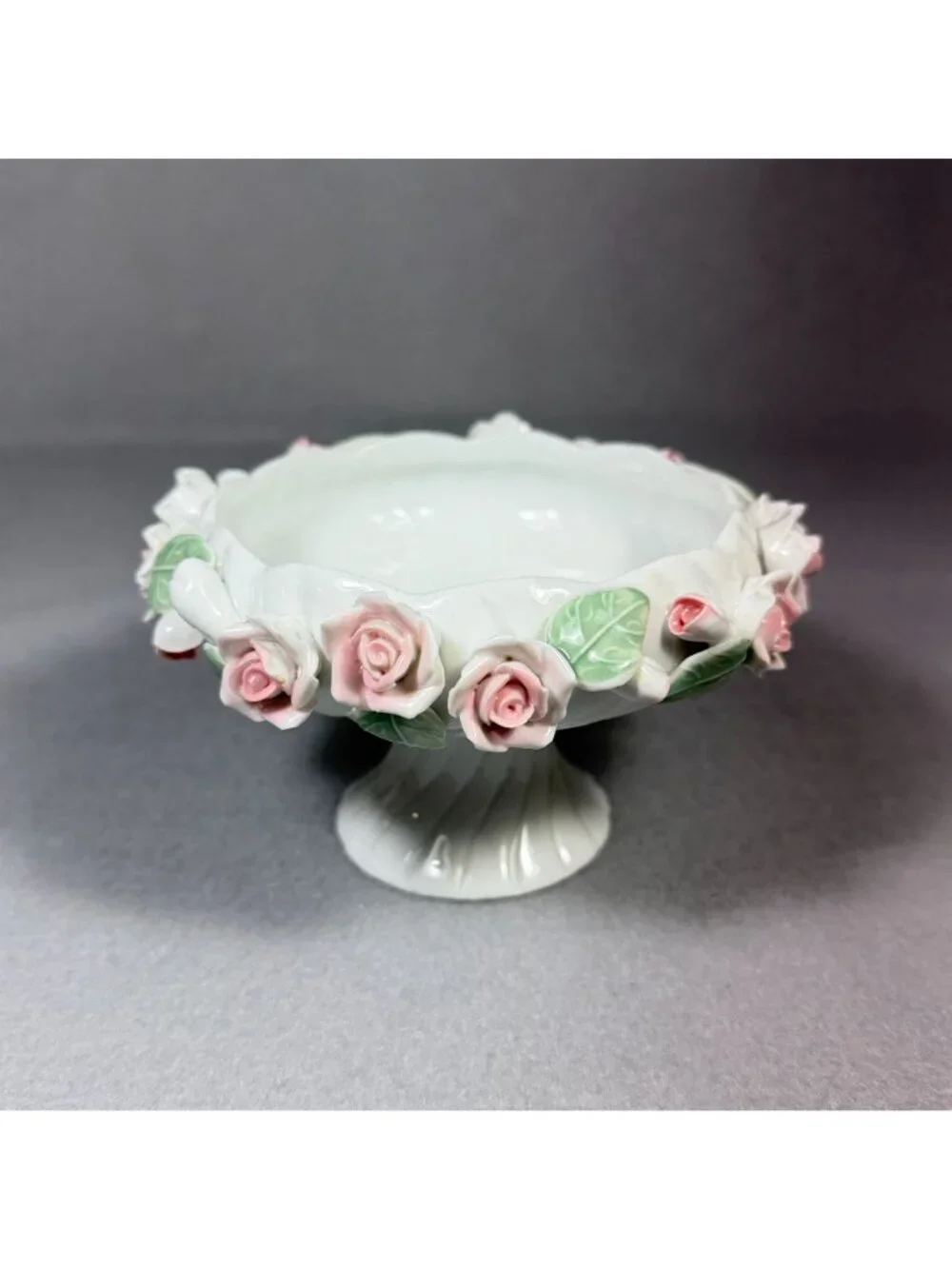 Vintage Encrusted Porcelain Rose Pedestal Bowl Capodimonte Style Candy Dish - Picture 2 of 11